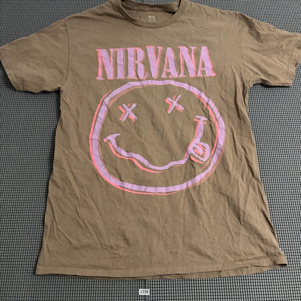 Nirvana Smiley Face Tour Graphic T-Shirt Mens Medium Brown Pink 1993 Tour Dates